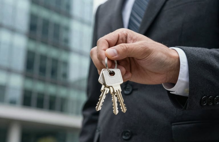 Close-up of a hand in a professional suit holding a set of modern keys in front of a blurred glass office building. Colors are dark charcoal and pale celadon, signifying security and ownership.