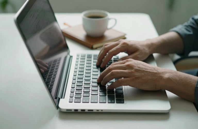 A close-up of hands typing on a modern laptop keyboard with a coffee cup and a leather-bound notebook on a clean surface, in a professional workspace with muted green accents.