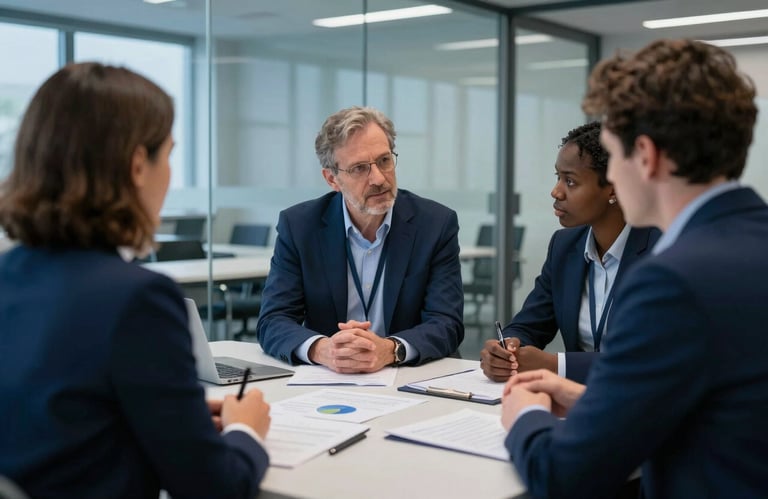 A collaborative workshop meeting with three International Academic professionals discussing research data in a glass-walled seminar room. Palette: Deep Ocean Blue and Midnight Blue.