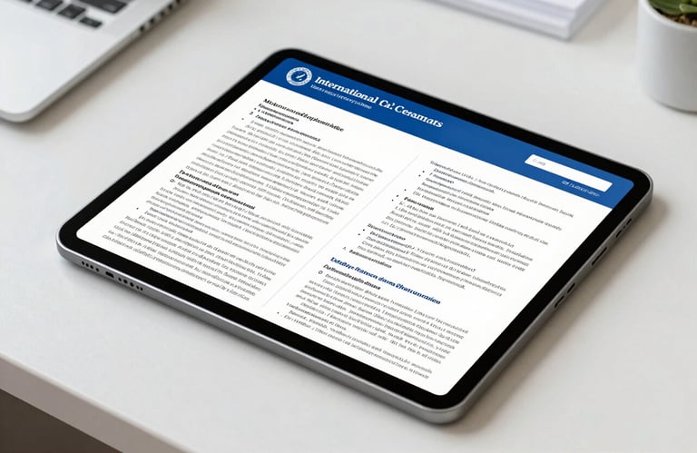 A modern digital tablet showing a complex research paper layout on a clean desk in an International Academic environment. Palette: Crisp White and Deep Ocean Blue.