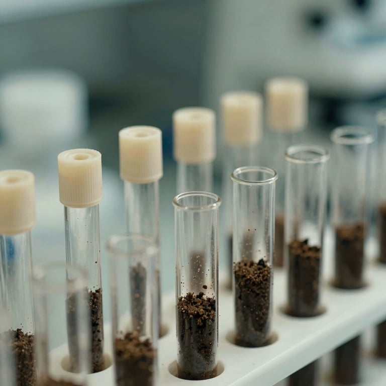 Close up of organized soil sample tubes in a professional South American lab setting, off-white and muted green palette.
