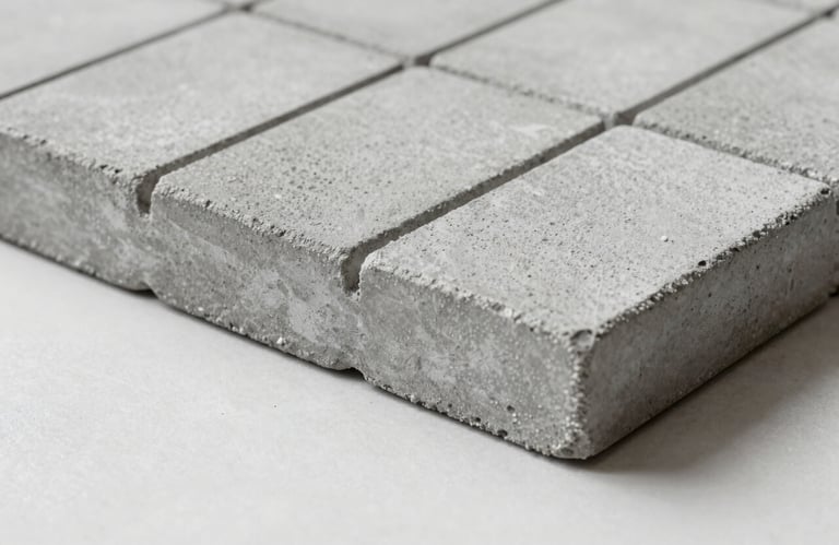 Detail shot of concrete pavers on a clean, light surface, showing both smooth and permeable textures, incorporating brand grey #A9A9AE, soft shadows.