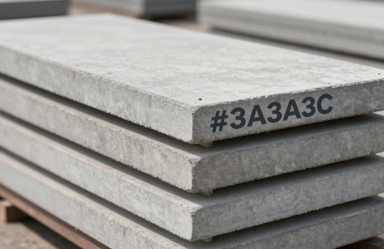 A high-focus shot of a stack of concrete products showing industrial quality control and structural robustness, brand colors #3A3A3C.