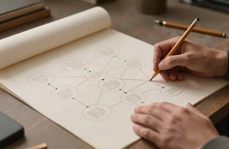 Hands of a writer in a North American / US studio, mapping out a story structure on a large sheet of soft off-white paper. They are using a pencil to connect ideas. The workspace is organized and features elements of warm taupe and earthy brown.