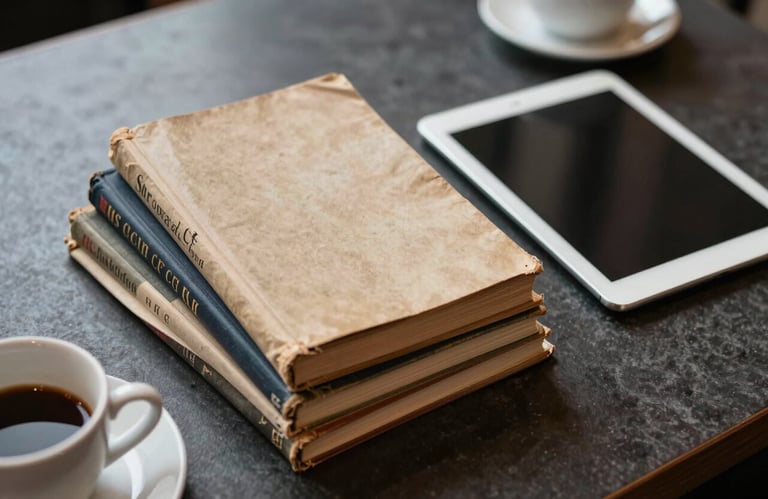 A stack of vintage academic journals and a modern tablet on a dark charcoal table in a North American / US cafe. The composition is from a top-down angle, highlighting the blend of tradition and modern technology. Soft off-white ceramic cups are visible in the corner.