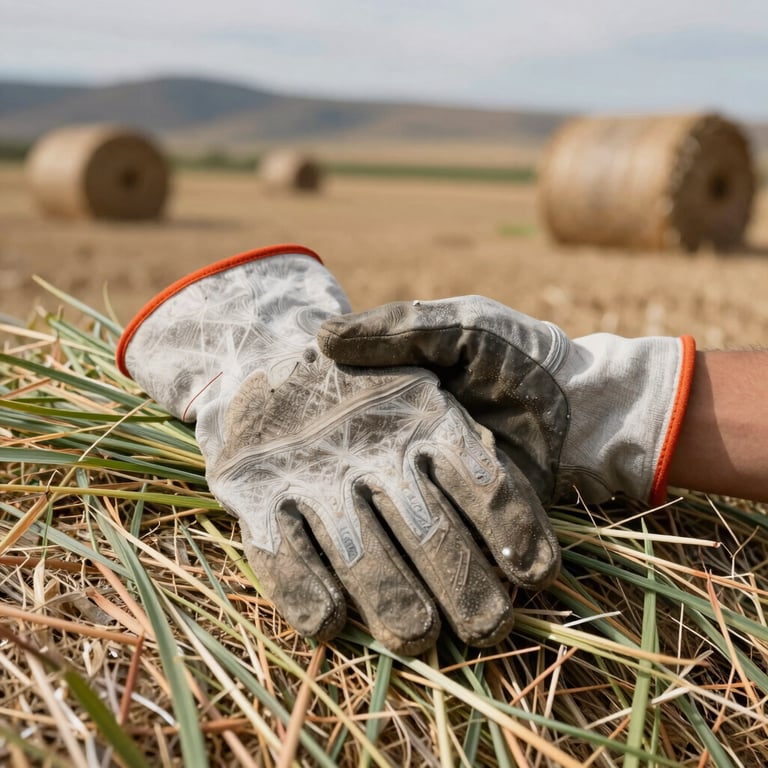 A close-up of a pair of work gloves resting on a pristine bale of Rhodes grass, emphasizing the hands-on, reliable nature of the agricultural business, Southwestern US background.