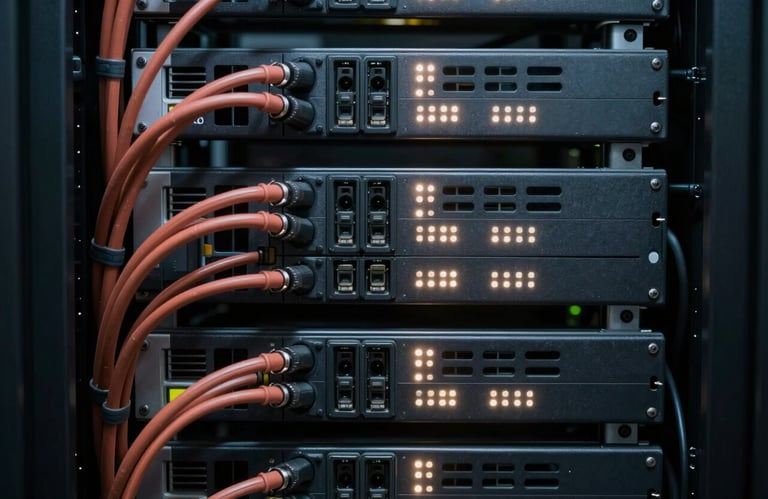 A close-up shot of a modern server rack with neatly organized charcoal and terracotta colored cables. The LEDs blink with a soft white light, suggesting high performance and stability in a professional data center environment in South America.