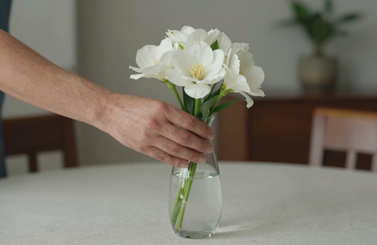 A close-up photo of a hand placing a fresh white flower into a glass vase on a clean, dust-free dining table in a Brazilian home.