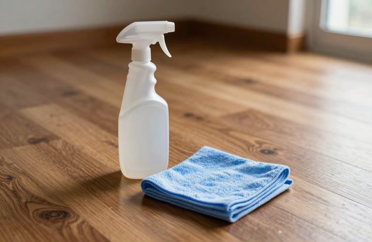 Cleaning supplies including a spray bottle and a microfiber cloth neatly placed on a polished wooden floor, South American setting, bright natural light.