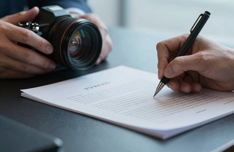 A macro close-up of professional hands signing a formal contract on a dark navy leather desk. Soft sky blue lighting.