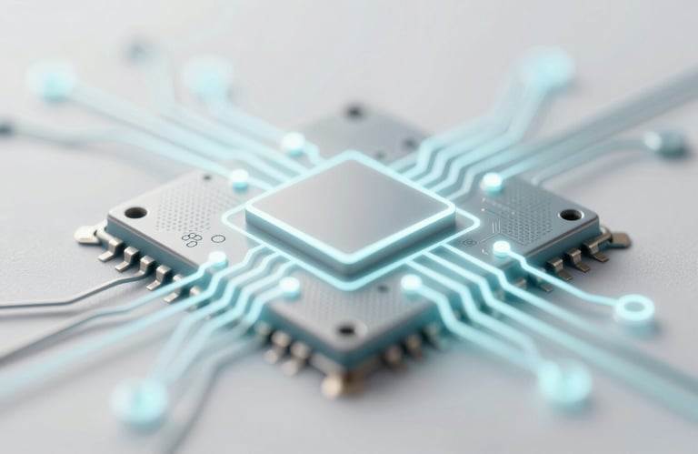 A macro shot of complex circuitry glowing with a soft #8C9DAF light, symbolizing artificial intelligence on a clean #F5F7FA background.