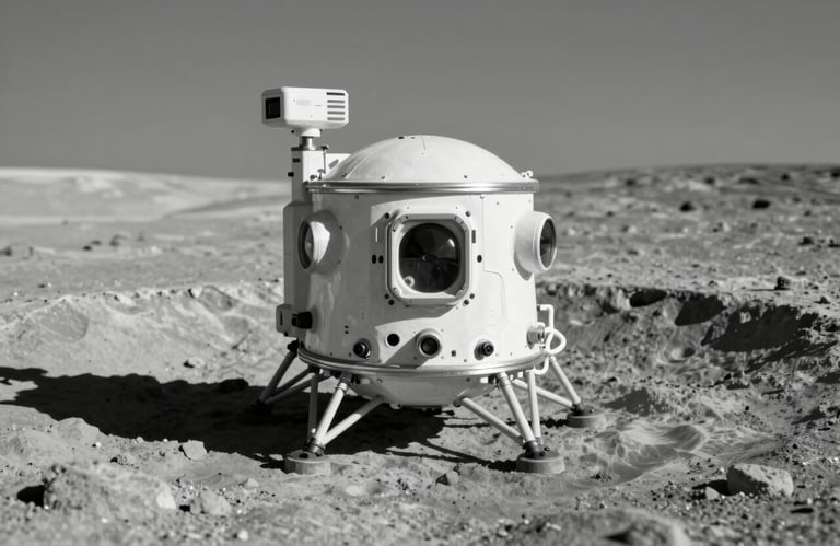 An artistic rendering of a moon-base module in a crater, using a monochromatic #8C9DAF palette with sharp #0A0A0C shadows.
