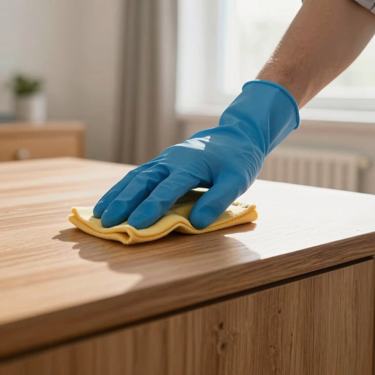 A person wearing professional blue gloves carefully cleaning a wooden furniture surface in a bright, sunlit room, Mitteleuropäisch / Deutsch home setting.