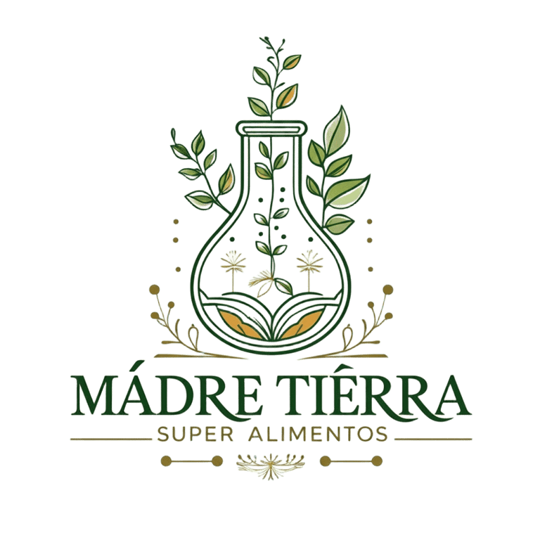 Logo de super alimentos madre tierra, un matraz con plantitas