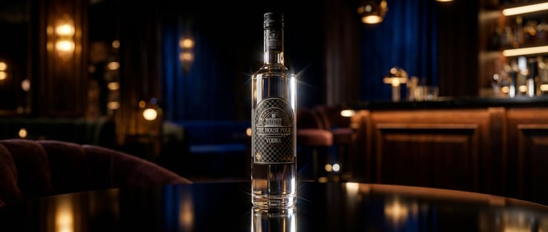 Een premium fles The House Pour Vodka op een donkere bartafel met luxe loungeverlichting.