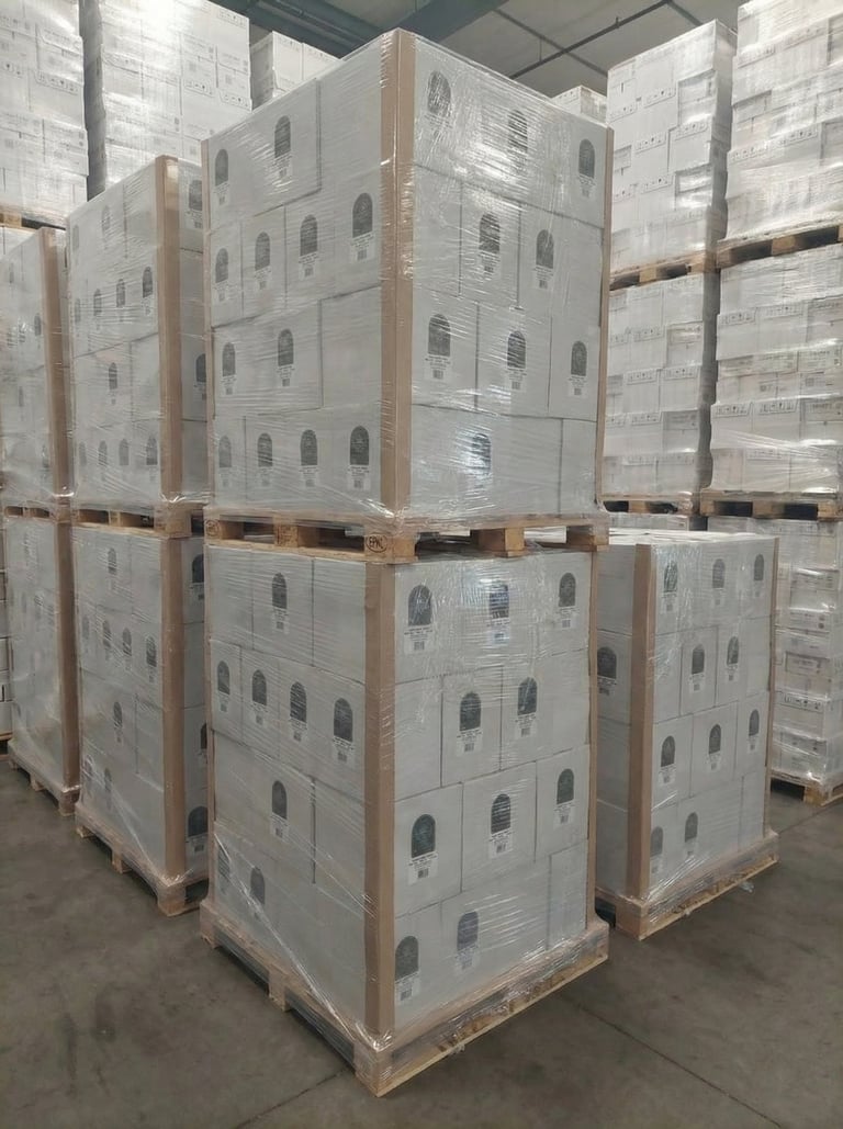 Pallets met krimpfolie verpakte dozen staan ​​opgestapeld in een magazijn voor logistiek en distribu