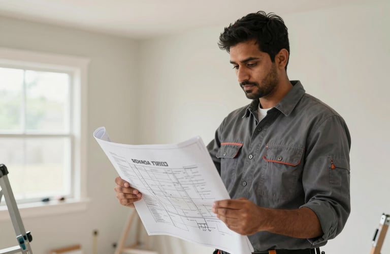 A professional contractor in a North American / Canadian (with South Asian cultural influence) home setting, holding blueprints in a room undergoing high-quality renovation.
