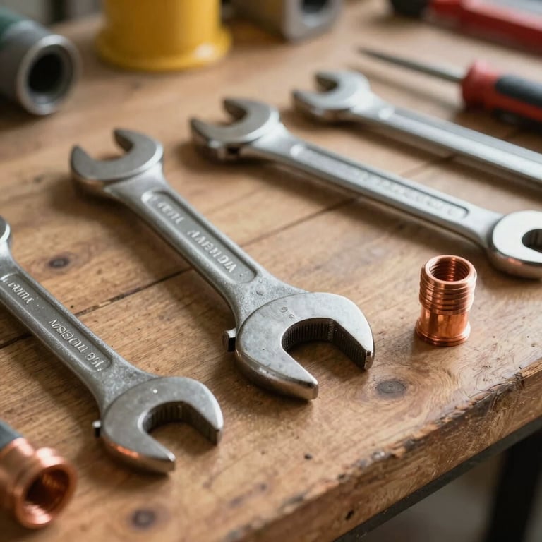 Close-up of professional plumbing tools, wrenches and copper joints on a wooden workbench, warm natural light, South American / Brazilian workshop setting.
