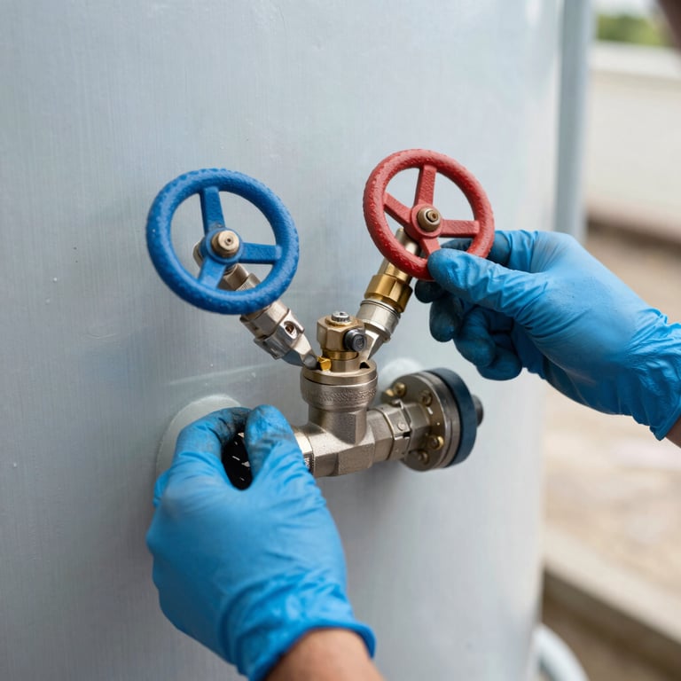 Technician's hands in blue gloves adjusting a modern pressure valve on a water tank system, South American / Brazilian utility room, bright lighting.