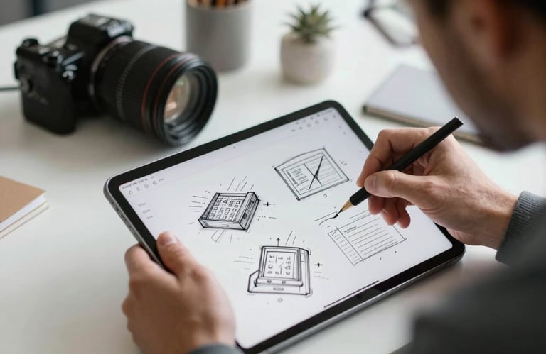 A close-up of a North American tech professional sketching detailed app wireframes on a tablet in a bright, airy design studio.