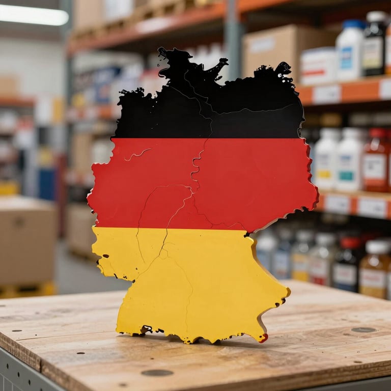 A wooden map of Germany painted with the national flag colors in a warehouse setting.