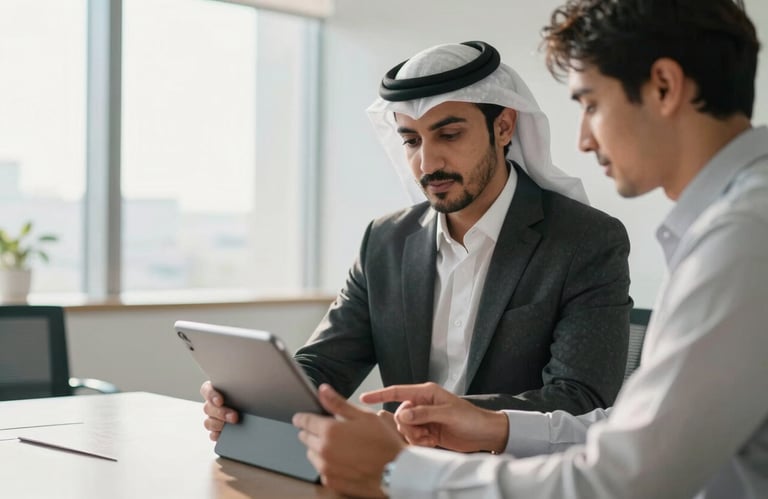 A Middle Eastern / Gulf professional in business attire demonstrating the features of a new tablet to a colleague in a bright, modern corporate office. Natural morning light.