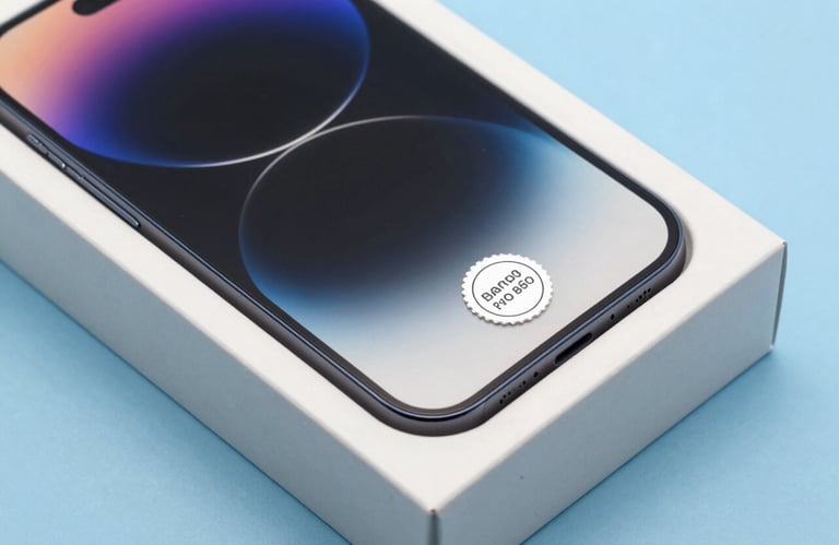 A detailed product photo of a smartphone in its original factory packaging, highlighting the seal of authenticity. Crisp lighting on a light blue surface, professional style.