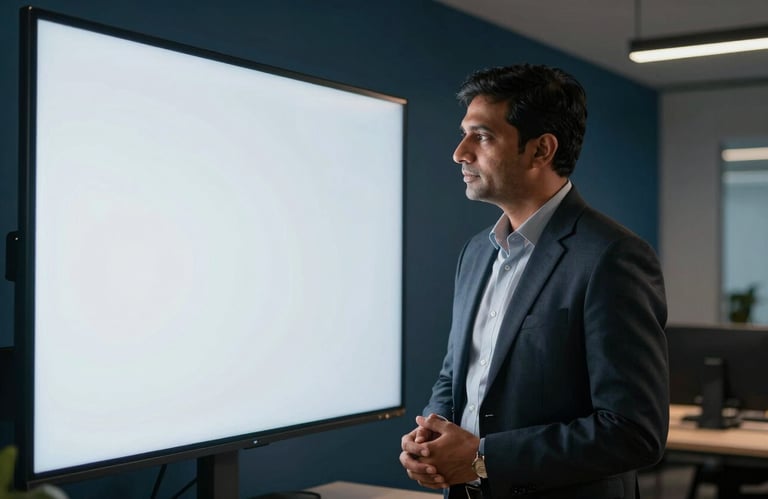 A professional photography shot of a South Asian / Indian strategist looking at a clean, large digital display in a contemporary office setting, lit with soft metallic gold and deep navy blue ambient light.