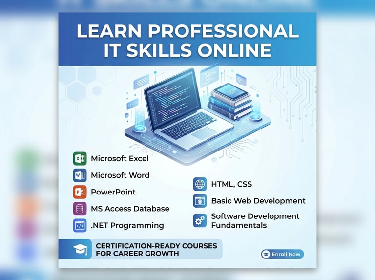 Professional online IT courses poster featuring Microsoft Excel, Word, PowerPoint, MS Access Databas