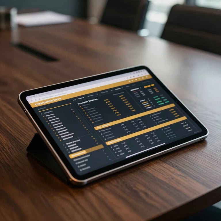 A close-up of a modern tablet displaying a data-rich marketing dashboard with gold highlights, sitting on a dark wooden table in a luxury Johannesburg boardroom.
