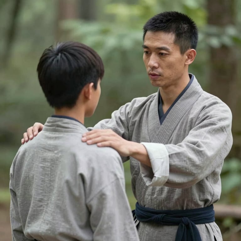 An instructor in traditional attire showing a student how to align their shoulders, forest backdrop, focused and educational atmosphere.