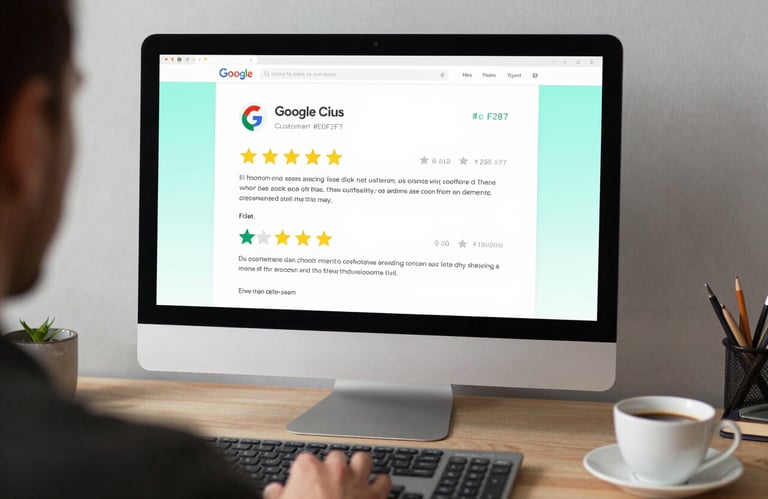 A professional workspace with a keyboard and a cup of coffee, featuring a screen showing positive customer reviews on Google, #E0F2F7 lighting.