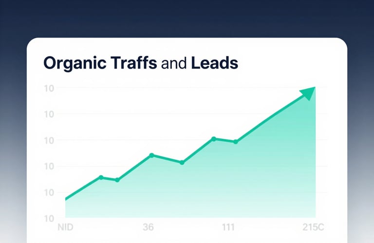 A professional digital chart showing a sharp increase in organic traffic and leads, styled with #3D798C lines and a clean #0A1128 background.