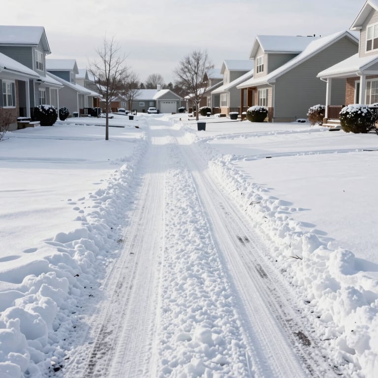 A wide shot of a residential driveway in a North American suburb covered in snow, showing a clear, plowed path after a professional service. The scene is crisp and efficient.