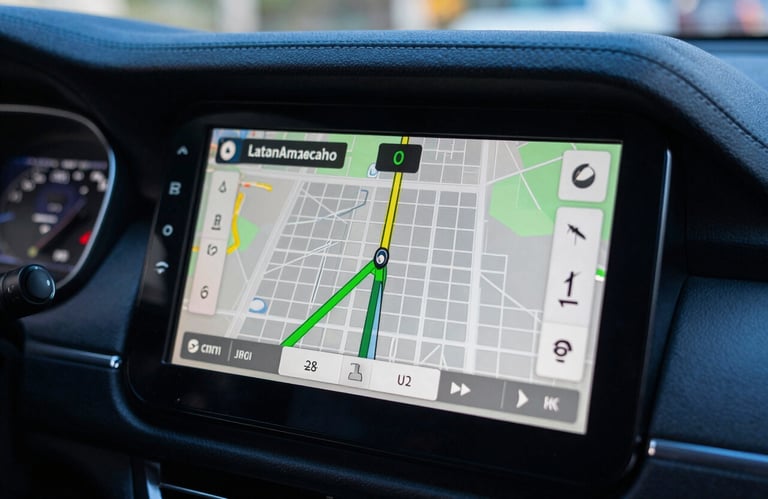 Detailed close-up of a digital GPS interface on a dashboard screen inside a car, showing a route through a Latinoamericano / Hispano city grid. Modern tech aesthetic, steel blue and dark blue lighting.