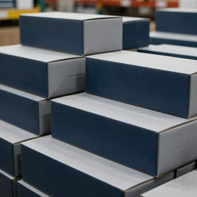 A close-up photograph of neatly stacked high-quality industrial merchandise boxes in a clean South American warehouse, using a color palette of navy, slate, and light grey.