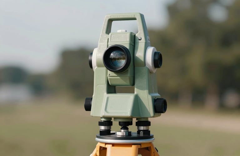 Macro shot of a high-precision surveying prism on a pole, reflecting a clean landscape, professional photography style with soft depth of field.