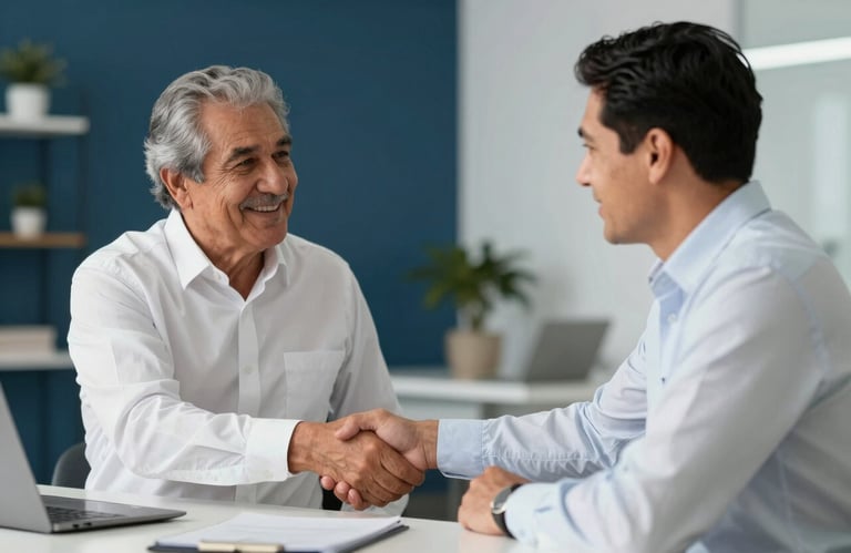 A friendly consultant in a neat white shirt shaking hands with a Latinoamericano senior man across a desk in a bright, modern office with dark blue accents.