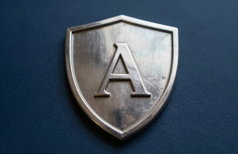 A photorealistic image of a polished silver shield emblem placed on a dark blue background, symbolizing protection and financial security for retirees, elegant lighting.