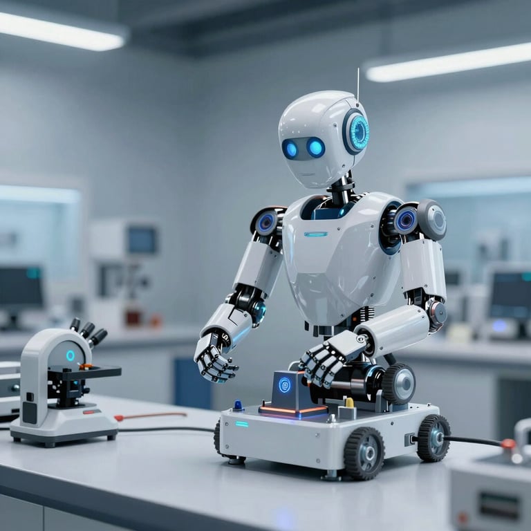 An advanced robot arm assembling delicate machinery against a light blue futuristic background.