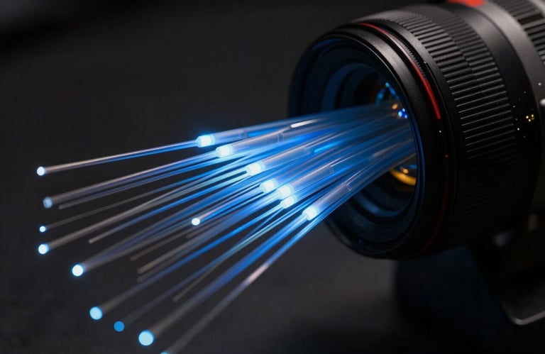 Close-up of high-speed fiber optic cables glowing with dark navy and sky blue light, symbolizing fast and reliable data transmission.