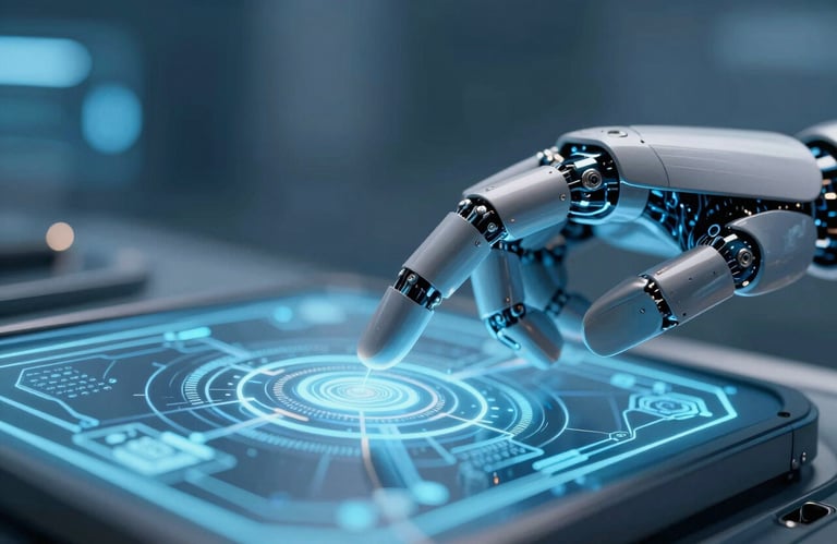 Macro shot of a robotic hand gently touching a digital interface, representing the harmony between AI and human-centric design, ice blue tones.