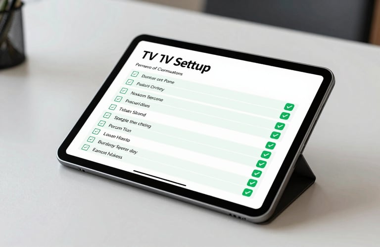A digital tablet displaying a checklist for TV setup with all items marked green, placed on a Soft White desk, clean and professional North American office setting.