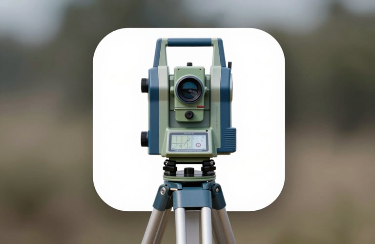 An icon-style photograph of a GPS surveying instrument on a tripod, symbolizing geographical precision, with brand colors #1A202C and #A0AEC0 used in the equipment and background.