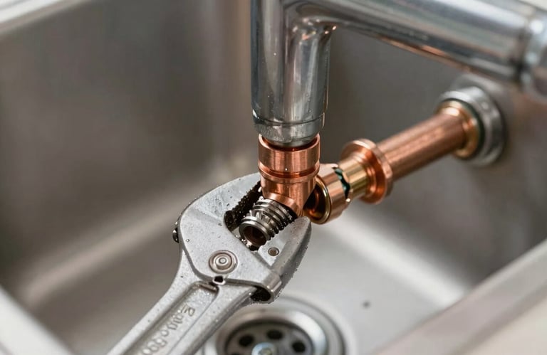 Detail shot of a professional pipe wrench tightening a copper joint under a modern sink, showcasing high-quality plumbing workmanship.
