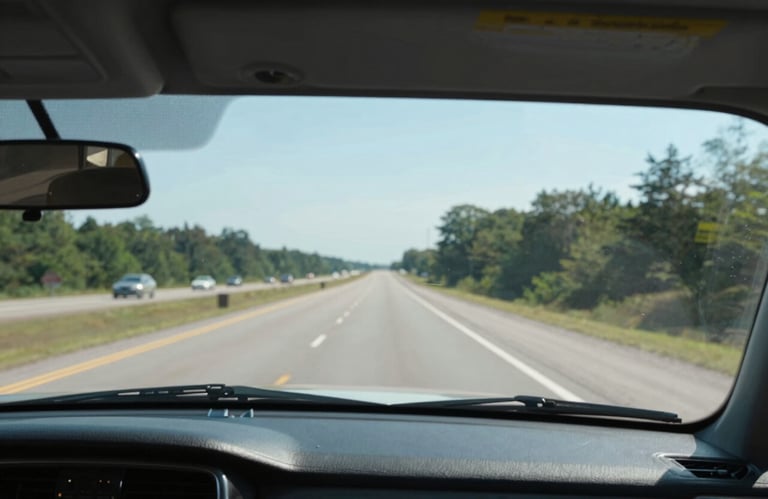 An interior shot through a perfectly clear, brand-new windshield showing a sharp, focused view of a North American road ahead, clean and bright composition.