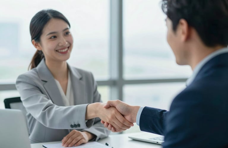 A professional recruiter in a modern office, shaking hands with a smiling candidate, blurred bright window background, trustworthy and efficient mood using #EAF2F8 lighting.