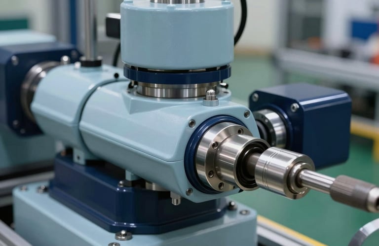 A detailed shot of an automated pneumatic actuator in action within a North American / US production line, featuring metallic pale blue and deep navy finishes.