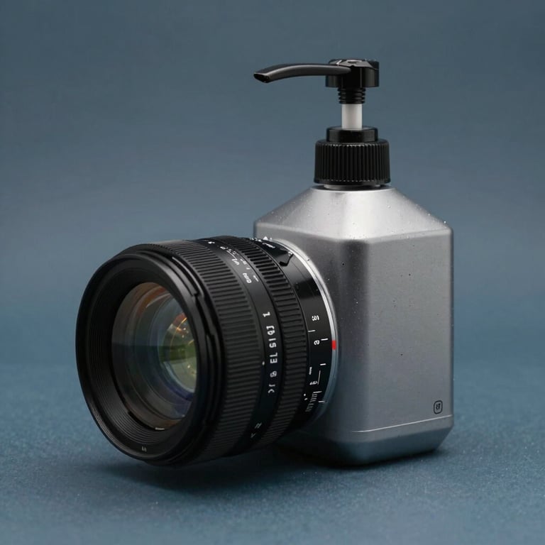 Mat9riel de nettoyage professionnel dispos9 avec pr9cision, fond minimaliste bleu poussi2re, style photographique propre et ordonn9.