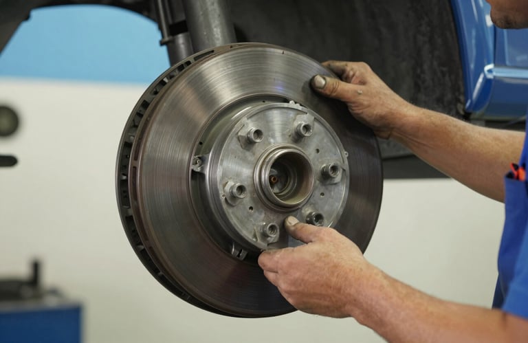 Detailed photography of a mechanic's hands adjusting a metallic car brake disc, sky blue and soft off-white workshop tones, Southern European / Spanish professional setting.
